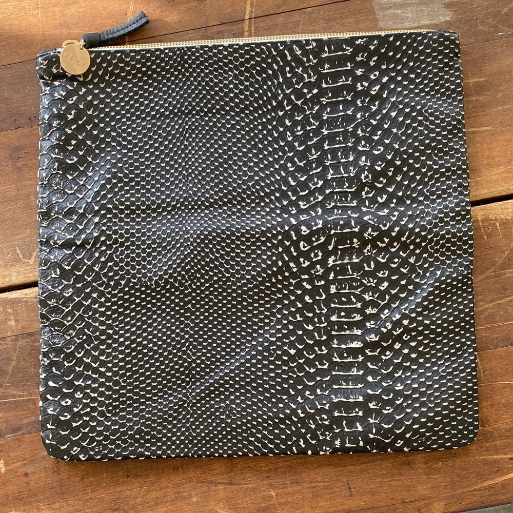 Clare V Black and White Snakeskin Clutch